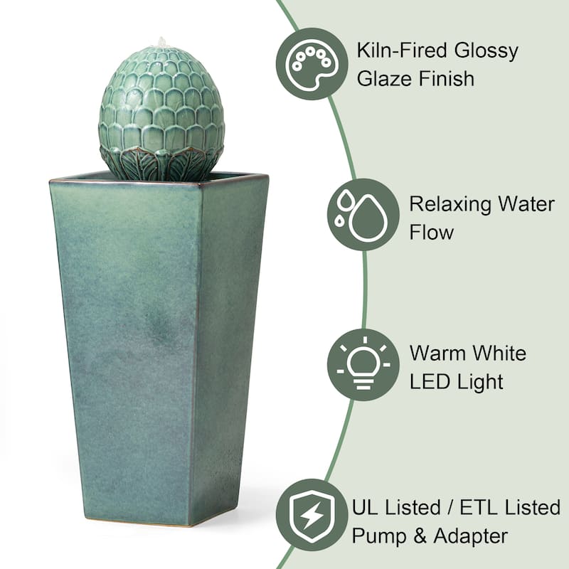36"H Oversized Artichoke Pedestal LED Ceramic Fountain by Glitzhome